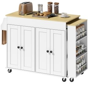 Isla de cocina con ruedas, encimera extensible, 4 puertas, estantes ajustables, blanco