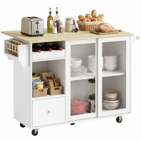 Isla de cocina con encimera abatible, puertas correderas de vidrio, botellero y ruedas, blanco y roble