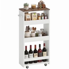 Carrito de cocina estrecho de 3 niveles con ruedas y asa lateral, 40x20x84 cm, blanco