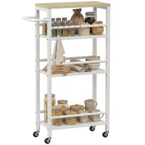 Carrito auxiliar con ruedas de 4 niveles, toallero y 6 ganchos, 50x20x81 cm, roble