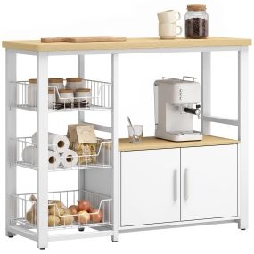 Estantería de Cocina con 3 Cestas Extraíbles, Mueble Auxiliar de Cocina con Armario de 2 Puertas, Estante Abierto, Marco de Acero, para Comedor, Salón, Espacios Reducidos, 100x35x80 cm, Roble