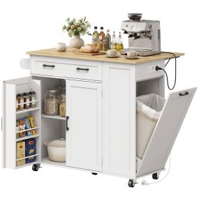 Isla de Cocina con Ruedas, Encimera Extensible, Estación de Carga, Carrito de Cocina con Enchufes, USB, Cajón, Compartimento para Cubo, Estantes en las Puertas, Toallero, Blanco y Roble