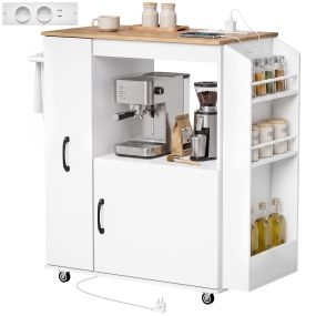 Carrito de Cocina con Ruedas y Estación de Carga, Carro de Cocina Rodante con Armario, Organizador Extraíble, Especiero y Barra de Toallas para Comedor o Salón, 80x40x88 cm, Blanco