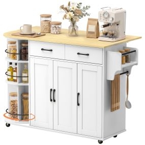 Isla de Cocina con Ruedas, Encimera Extensible, 3 Estantes Giratorios 360°, Carrito de Cocina Rústico, 2 Cajones, 3 Puertas, Estantes Ajustables, Toallero, Blanco