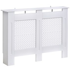 Cubre radiador moderno de MDF blanco 111.5x19x82 cm con estante superior y listones