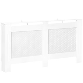 Cubre radiadores moderno de MDF blanco 151,5x19x82 cm con estante superior y listones