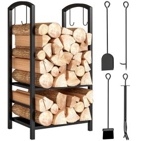 Estante de leña para chimenea metálico de 2 niveles con 4 herramientas negro 40x30x74,5 cm