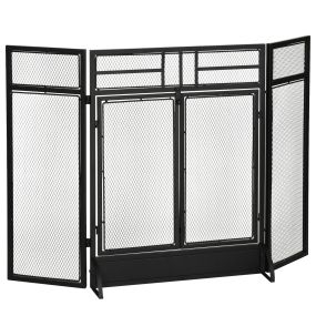 Salvachispas plegable de 3 paneles para chimenea con doble puerta y pies adicionales 120x11,5x79 cm metal negro