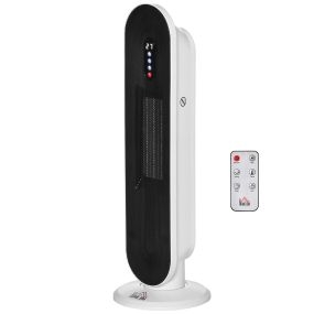 Calefactor cerámico de torre 1200W/2000W con mando, termostato, temporizador 24H, oscilación 45° y antivuelco, para 20 m², blanco y negro
