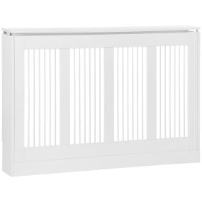 Cubreradiador de MDF con listones y tubos de acero 120x18x84 cm blanco