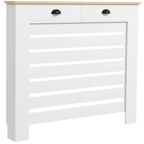 Cubreradiador de MDF blanco 111x19x95,5 cm diseño moderno de listones para salón y dormitorio