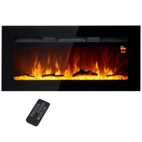 Chimenea eléctrica de pared y empotrable 1800W con llama 3D, 3 colores, 5 niveles, negro