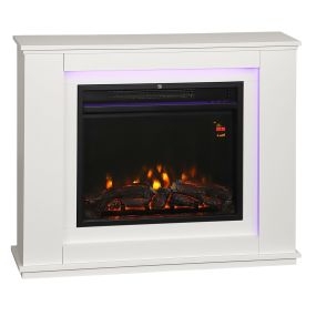 Chimenea eléctrica decorativa blanca 1000/2000W con llama 5 niveles, LED 12 colores, mando y termostato