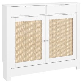 Cubre Radiadores con Puertas Abatibles y Ratán, Cubreradiador de MDF, 111x19x95,5 cm, Cubierta para Radiador, 2 Compartimentos, Diseño Bohemio, para Salón, Dormitorio, Blanco