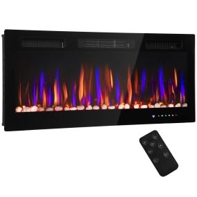 Chimenea Eléctrica Ultrafina de Pared y Empotrable con Llama 3D, Chimenea Decorativa, Brillo/Velocidad Ajustable, 12 Colores, Guijarros, 900/1800W, Temporizador, Termostato, Control Remoto