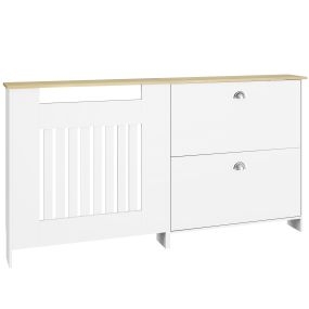 Cubre Radiadores con Zapatero, Cubreradiador de MDF, 152x19x81 cm, Cubierta para Radiador con 2 Cajones Abatibles, Diseño Moderno de Listones, para Salón, Dormitorio, Blanco