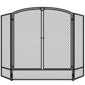 Salvachispas para chimenea plegable de 3 paneles con doble puerta, metal, negro, 122x75 cm