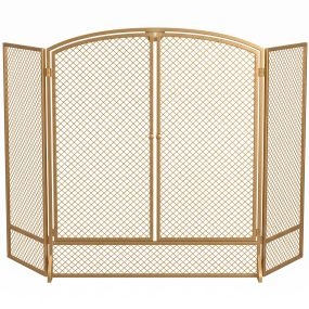 Salvachispas para Chimenea Plegable de 3 Paneles con Doble Puerta, Protector de Chimenea de Metal, Resistente al Calor, para Salón, Hogar, 122x75 cm, Dorado