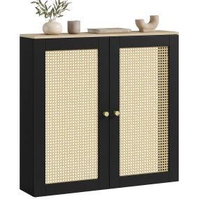 Cubre Radiadores con 2 Puertas de Ratán, Cubreradiador, Cubierta para Radiador, para Salón, Dormitorio, 78x19x75 cm, Negro