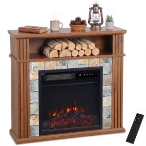 Chimenea Eléctrica, Chimenea Eléctrica Decorativa 1800W con Estante Abierto, Efecto Llama Realista 5 Brillos, Soporte para TV 36", Termostato, Temporizador 8 h, Mando, Bloqueo Infantil, Marrón
