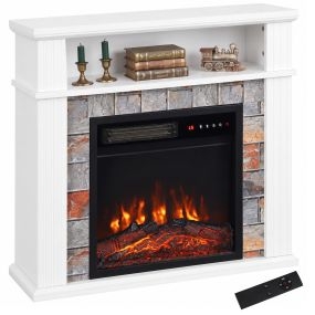 Chimenea Eléctrica, Chimenea Eléctrica Decorativa 1800W con Estante Abierto, Efecto Llama Realista 5 Brillos, Soporte para TV 36", Termostato, Temporizador 8 h, Mando, Bloqueo Infantil, Blanco