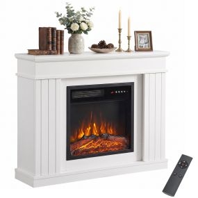 Chimenea Eléctrica con Marco, Chimenea Eléctrica Decorativa 1800W con Repisa, Efecto Llama Realista 5 Brillos, Soporte para TV 38", Termostato, Temporizador 8 h, Mando, Bloqueo Infantil, Blanco