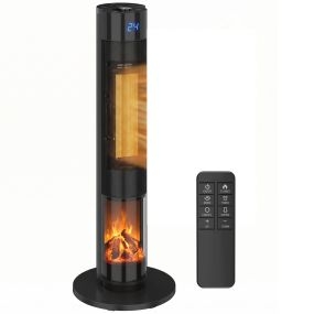 Calefactor Eléctrico Cerámico PTC, 2000W, con 5 Modos, Control Remoto, Wi‑Fi, Termostato Regulable, Oscilación 70°, Temporizador 24H, Llama 3D, Protección Contra Sobrecalentamiento, 20 ㎡, Negro