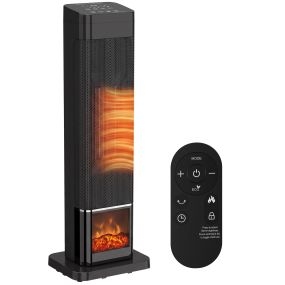 Calefactor Eléctrico Cerámico PTC, 2000W, con 4 Modos, Mando, Efecto Llama Dinámica, Temporizador 24H, Termostato Regulable, Oscilación 70°, Memoria, Protección Sobrecalentamiento, 20 ㎡, Negro