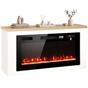 Chimenea Eléctrica de Pie, 900/1800W, Mueble para TV 55", Chimenea Decorativa, 12 Colores de Llama 3D, 5 Brillos, Termostato, Temporizador 8H, Control Remoto, Pantalla Táctil, para 35㎡, Blanco