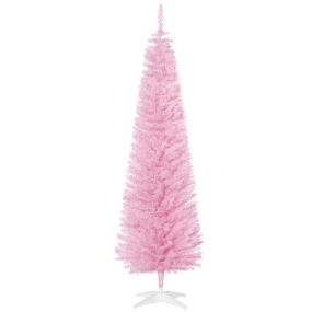 Árbol de Navidad estrecho 180 cm artificial con 390 ramas, base de plástico desmontable, rosa
