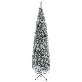 Árbol de Navidad artificial nevado estrecho 270 cm con 1014 ramas y soporte de metal verde y blanco