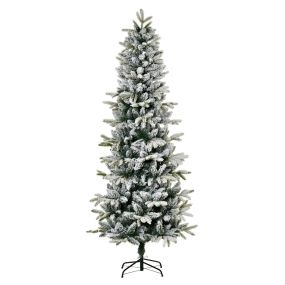 Árbol de Navidad nevado artificial 210 cm con 784 puntas ignífugas y soporte de acero verde y blanco