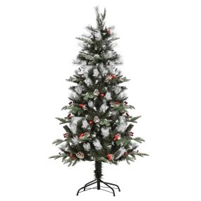Árbol de Navidad artificial 150 cm con 440 ramas, 39 piñas y 39 bayas, hojas de plástico PE, base metálica plegable, verde para interiores