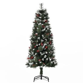 Árbol de Navidad artificial 150 cm con nieve, 360 ramas, 38 bayas, base plegable y soporte metálico verde