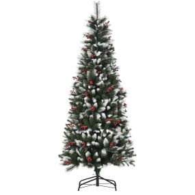 Árbol de Navidad artificial 180 cm con nieve, 539 ramas, 51 bayas, base plegable y soporte metálico verde