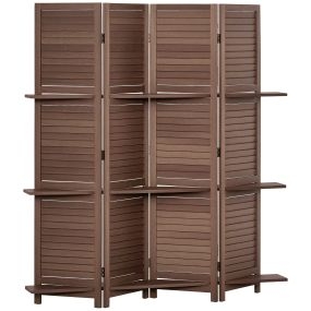 Biombo Plegable de 4 Paneles de Madera, 162x170 cm, Biombo Separador de Ambientes con 3 Estantes, Diseño de Persianas, Decoración para Dormitorio, Salón, Nogal