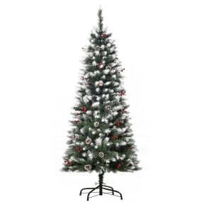 Árbol de Navidad plegable 150 cm con nieve, 408 ramas, 25 bayas, 21 piñas y soporte metálico verde