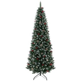 Árbol de Navidad Lápiz 210 cm, Árbol de Navidad Artificial Nevado con 818 Ramas, Bayas Rojas, Piñas, Base Metálica Plegable, Apertura Automática, Decoración Navideña para Salón, Interior, Verde