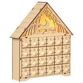Calendario de Adviento de Madera con Luces Calendario de Navidad con 24 Cajas de Cuenta Regresiva Decoración Navideña para Rellenar 26,6x6x30 cm Natural