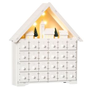 Calendario de Adviento de Navidad de madera con 24 cajones y luces LED, casita blanca 39x9x42 cm