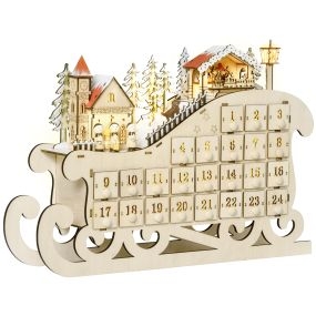 Calendario de Adviento navideño con luces LED, 24 cajones, trineo, madera natural, 45x10x31 cm