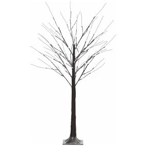 Árbol de abedul artificial 150 cm con 96 luces LED blanco frío, nieve falsa, base metálica, marrón