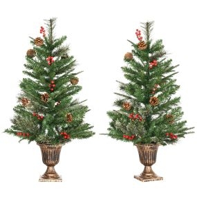 Juego de 2 árboles de Navidad artificiales 90 cm con maceta ignífugos 110 ramas 10 bayas 8 piñas PVC verde