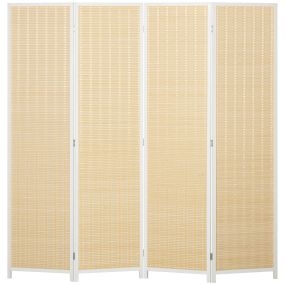 Biombo plegable de 4 paneles 180x180 cm de bambú y algodón blanco