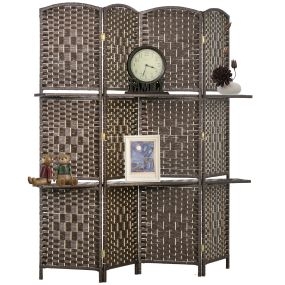 Biombo separador de ambientes de 4 paneles 160x170 cm con 2 estantes marrón