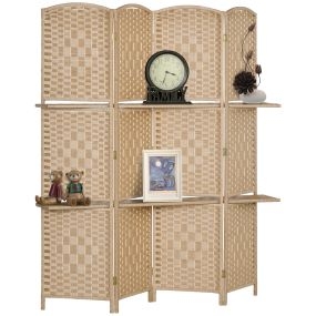 Biombo separador de ambientes de 4 paneles 160x170 cm con 2 estantes extraíbles natural