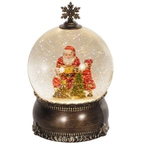 Bola de nieve navideña con música y luces, escena de Papá Noel y niño, bronce