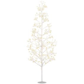 Árbol de Navidad artificial 180 cm con 384 luces LED blanco cálido, ramas flexibles y base de acero, blanco