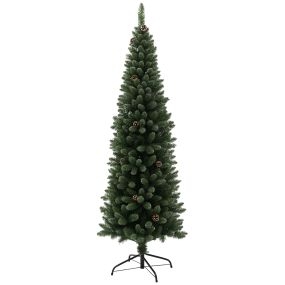 Árbol de Navidad artificial estrecho 180 cm con 618 ramas, 30 piñas y soporte de metal, verde