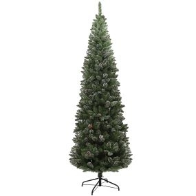 Árbol de Navidad Estrecho 225 cm Árbol de Navidad Artificial con 980 Ramas con Nieve 38 Piñas y Soporte de Metal Árbol Navideño para Salón Interior Verde